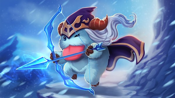 Anime picture 1920x1080 with league of legends ashe (league of legends) poro (league of legends) meng rushen ji single long hair highres wide image one eye closed wind snowing snow :p cosplay weapon tongue bow (weapon) arrow (arrows)