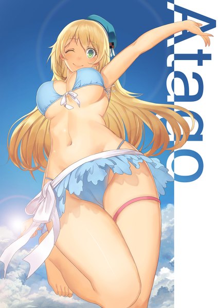 Anime picture 1080x1528 with kantai collection atago heavy cruiser madyy single long hair tall image looking at viewer breasts light erotic blonde hair smile green eyes sky cloud (clouds) bent knee (knees) one eye closed barefoot wink from below midriff