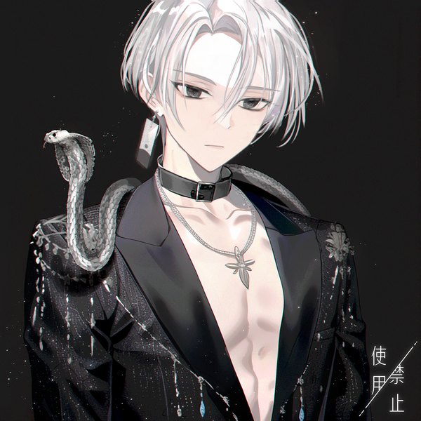 Anime picture 2048x2048 with tokyo revengers sano manjirou feaa single highres short hair simple background looking away upper body white hair black eyes black background expressionless boy animal choker pendant single earring snake reptile