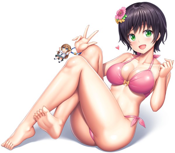 Anime picture 1016x892 with hachigatsu no cinderella nine kawakita tomoe lambda (kusowarota) single looking at viewer blush fringe short hair breasts open mouth light erotic black hair simple background smile large breasts white background sitting bare shoulders green eyes cleavage