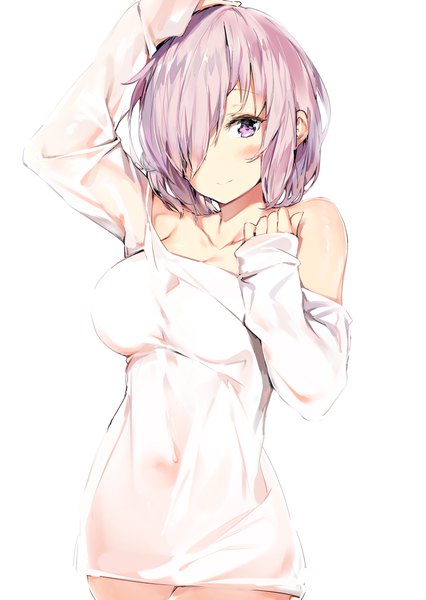 Anime picture 1100x1550 with fate (series) fate/grand order mash kyrielight silver (chenwen) single tall image looking at viewer blush fringe short hair breasts light erotic simple background standing white background purple eyes bare shoulders pink hair pink eyes arm up