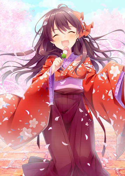 Anime picture 1072x1500 with idolmaster idolmaster cinderella girls ichinose shiki konase (non stop!) single long hair tall image blush fringe open mouth hair between eyes brown hair sky ahoge eyes closed long sleeves traditional clothes japanese clothes wide sleeves cherry blossoms