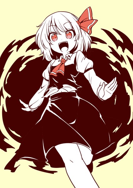 Anime picture 2507x3541 with touhou rumia oninamako single tall image looking at viewer fringe highres short hair open mouth simple background smile red eyes standing long sleeves :d from below midriff puffy sleeves standing on one leg
