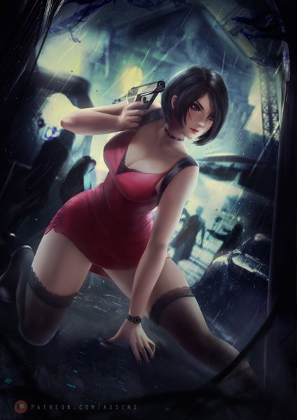 Anime picture 3532x5000 with resident evil ada wong axsen tall image blush highres short hair breasts light erotic black hair large breasts holding brown eyes signed looking away absurdres cleavage bent knee (knees) nail polish arm up
