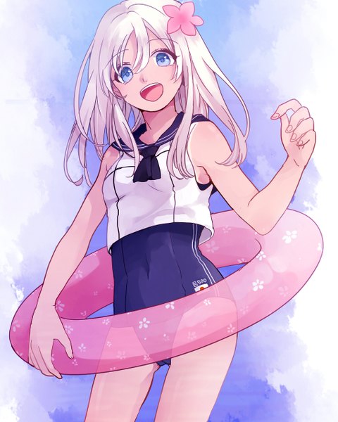 Anime picture 1024x1280 with kantai collection ro-500 submarine furikake (appuntament) single long hair tall image looking at viewer open mouth blue eyes light erotic sky cloud (clouds) white hair hair flower girl hair ornament flower (flowers) swimsuit one-piece swimsuit sailor suit