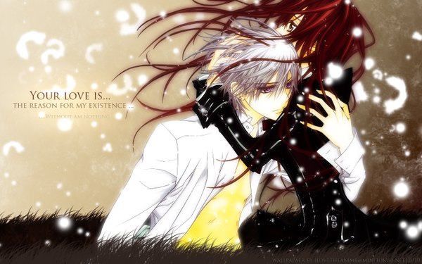 Anime picture 1440x900 with vampire knight studio deen cross yuki kiryuu zero long hair short hair wide image purple eyes white hair red hair couple hug girl boy plant (plants) grass