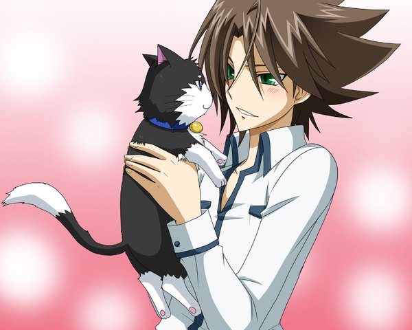 Anime picture 1600x1280 with cardfight!! vanguard kai toshiki blush short hair simple background brown hair green eyes open collar boy bell cat