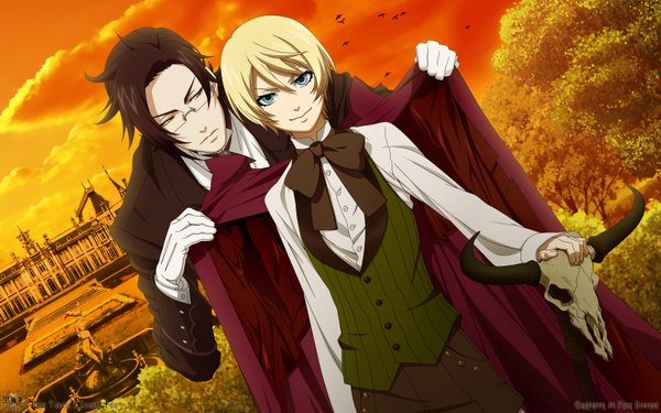 Anime picture 3200x2000 with kuroshitsuji a-1 pictures alois trancy claude faustus looking at viewer highres short hair blue eyes black hair blonde hair wide image yellow eyes multiple boys butler boy gloves glasses bowtie 2 boys suit