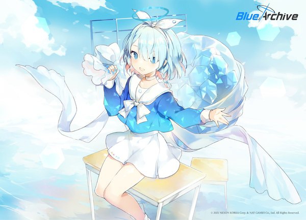 Anime picture 1200x866 with blue archive arona (blue archive) lpip single short hair open mouth blue eyes sitting blue hair sky cloud (clouds) braid (braids) :d multicolored hair official art copyright name side braid colored inner hair girl skirt