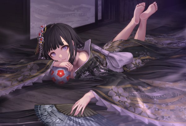 Anime picture 1200x812 with original jname single looking at viewer fringe short hair black hair purple eyes lying blunt bangs traditional clothes japanese clothes barefoot hair flower floral print on stomach leg lift (legs lift) girl hair ornament flower (flowers)