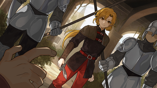 Anime picture 1920x1080 with volcano princess rose (volcano princess) leclle long hair looking at viewer fringe highres blonde hair wide image standing holding game cg outdoors ponytail dutch angle solo focus low ponytail spoilers no face knight