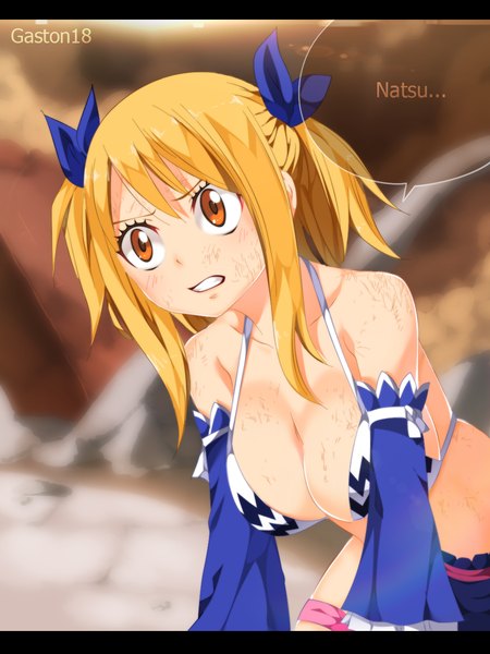 Anime picture 1003x1338 with fairy tail lucy heartfilia tongasart single long hair tall image breasts light erotic blonde hair large breasts twintails brown eyes coloring letterboxed clenched teeth manga girl bow hair bow detached sleeves