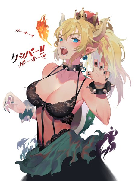 Anime picture 809x1082 with super mario bros. new super mario bros. u deluxe bowsette salmon88 single long hair tall image looking at viewer blush fringe breasts open mouth blue eyes light erotic blonde hair hair between eyes standing payot ponytail nail polish