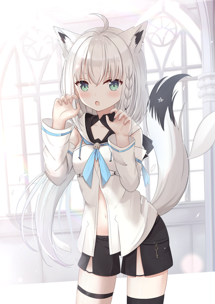 Anime picture 2125x3010 with virtual youtuber hololive shirakami fubuki touhourh single long hair tall image looking at viewer blush fringe highres open mouth hair between eyes standing animal ears ahoge white hair tail braid (braids) animal tail