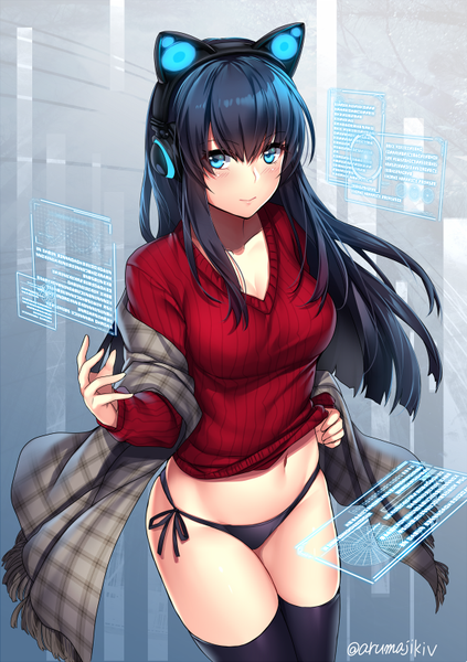 Anime picture 565x800 with original axent wear headphones aruma jiki single long hair tall image looking at viewer blush fringe breasts blue eyes light erotic black hair smile hair between eyes signed animal ears cleavage long sleeves thighs