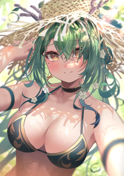 Anime picture 2894x4093 with virtual youtuber hololive hololive english ceres fauna dodota single long hair tall image looking at viewer blush fringe highres breasts light erotic smile large breasts yellow eyes cleavage upper body outdoors