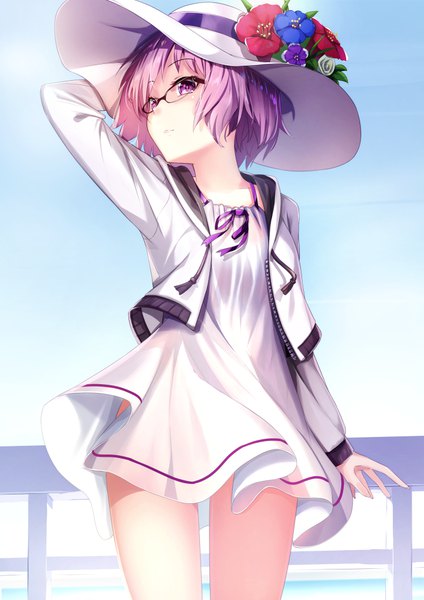 Anime picture 723x1023 with fate (series) fate/grand order mash kyrielight yan (nicknikg) single tall image blush fringe short hair hair between eyes standing purple eyes looking away pink hair sky outdoors long sleeves open clothes thighs arm behind head