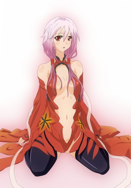 Anime picture 1190x1703 with guilty crown production i.g yuzuriha inori taletale yukisan yukichin single long hair tall image looking at viewer breasts light erotic red eyes sitting pink hair center opening girl thighhighs gloves navel