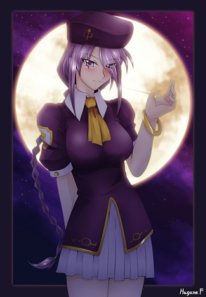 Anime picture 700x1009 with melty blood type-moon sion eltnam atlasia haganef single long hair tall image looking at viewer blush purple eyes purple hair girl bracelet headdress moon full moon