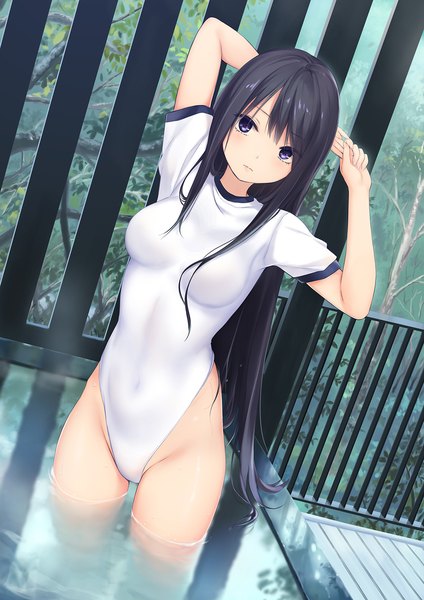 Anime picture 1131x1600 with original shiramine rika coffee-kizoku single long hair tall image looking at viewer blush fringe breasts light erotic black hair standing purple eyes outdoors arms up short sleeves wet dutch angle partially submerged