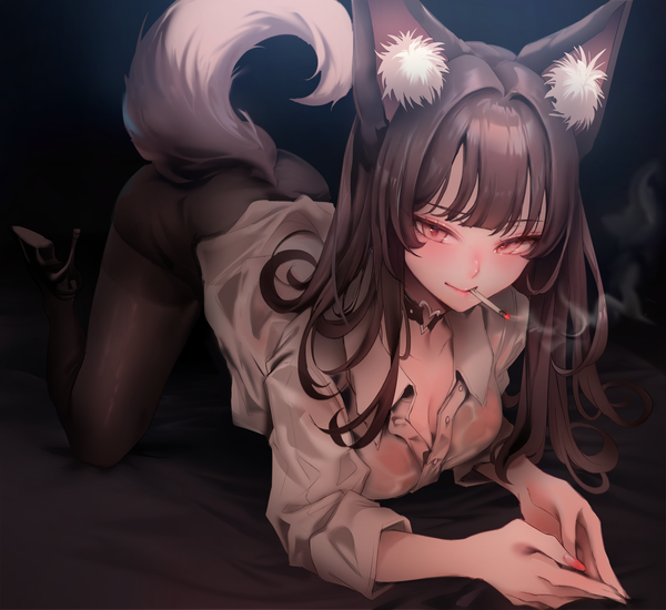 Anime picture 3600x3300 with original zerocat single long hair looking at viewer blush fringe highres breasts light erotic simple background brown hair holding animal ears absurdres full body bent knee (knees) tail nail polish animal tail