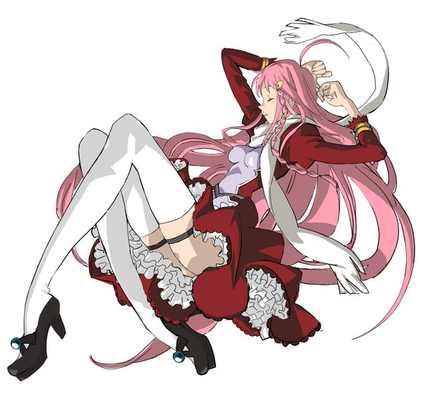 Anime picture 1700x1632 with top wo nerae 2! diebuster gainax nono (top wo nerae 2!) magomago single simple background white background pink hair ahoge braid (braids) eyes closed very long hair profile single braid arms behind head girl thighhighs hair ornament white thighhighs hairclip