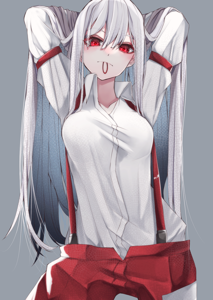 Anime picture 1447x2039 with touhou fujiwara no mokou tsune (tune) single long hair tall image looking at viewer fringe simple background hair between eyes red eyes standing holding payot silver hair long sleeves head tilt grey background mouth hold adjusting hair