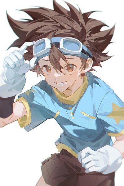 Anime picture 667x1000 with digimon digimon adventure yagami taichi xiaojiaju single tall image fringe short hair simple background smile hair between eyes brown hair white background brown eyes looking away grin sunglasses on head star print boy gloves