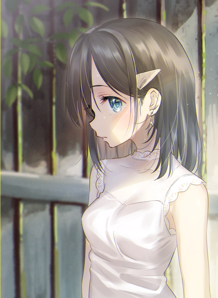 Anime picture 800x1090 with original blue21 single long hair tall image looking at viewer blush fringe blue eyes black hair upper body outdoors profile depth of field sleeveless girl earrings hairclip