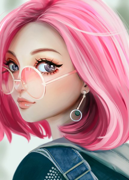 Anime picture 2000x2786 with original lemon cat single tall image looking at viewer highres short hair smile signed pink hair looking back realistic grey eyes lipstick portrait eyeshadow pink lipstick makeup girl earrings