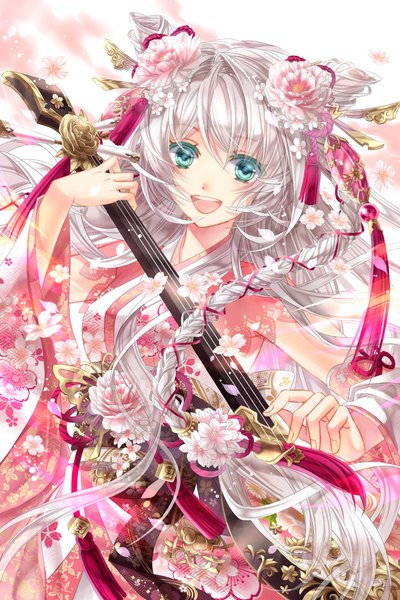 Anime picture 688x1033 with original s araragi single long hair tall image looking at viewer blush fringe open mouth smile standing holding green eyes silver hair braid (braids) traditional clothes :d japanese clothes hair flower wind