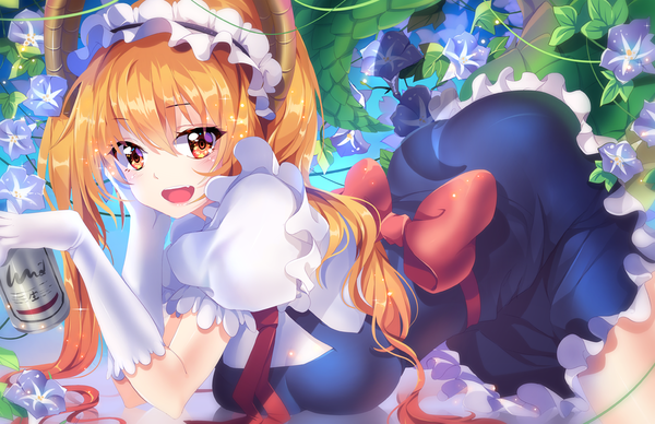 Anime picture 1250x809 with kobayashi-san chi no maidragon kyoto animation tooru (maidragon) squchan single long hair looking at viewer blush fringe breasts open mouth light erotic smile hair between eyes large breasts twintails horn (horns) orange hair arm support short sleeves