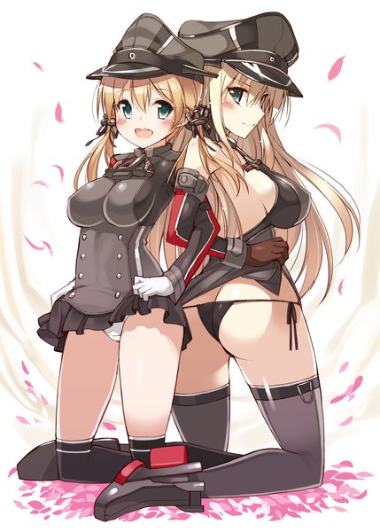 Anime picture 1280x1790 with kantai collection bismarck battleship prinz eugen (kantai collection) oota yuuichi long hair tall image looking at viewer breasts open mouth blue eyes light erotic blonde hair smile twintails multiple girls green eyes nipples ass long sleeves :d