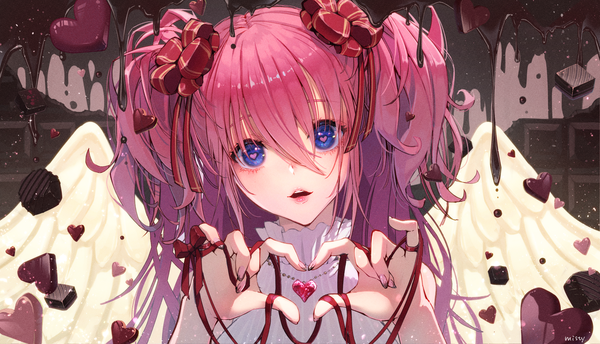 Anime picture 2053x1178 with original misty cj single long hair looking at viewer fringe highres blue eyes hair between eyes wide image pink hair nail polish two side up symbol-shaped pupils valentine white wings heart-shaped pupils heart hands nail art multicolored nail polish