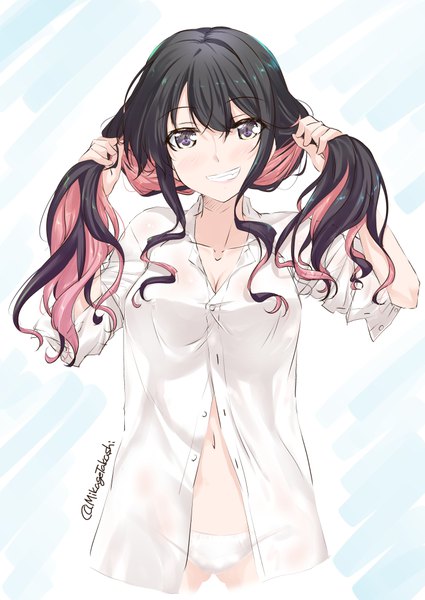 Anime picture 708x1000 with kantai collection naganami destroyer mikage takashi single long hair tall image looking at viewer blush fringe breasts light erotic black hair simple background smile hair between eyes standing white background purple eyes signed pink hair