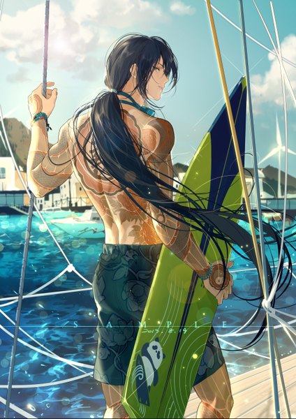 Anime picture 2000x2830 with fate (series) fate/grand order yan qing (fate) rrr (reason) single tall image highres black hair green eyes cloud (clouds) very long hair profile looking back tattoo dated low ponytail animal print goggles around neck boy sea