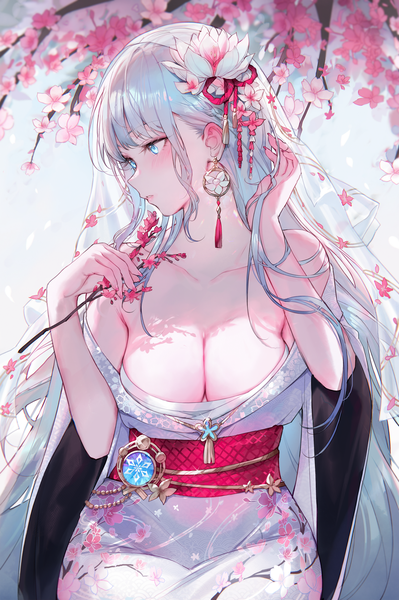 Anime picture 1663x2500 with genshin impact kamisato ayaka qiandaiyiyu single long hair tall image fringe breasts blue eyes light erotic large breasts sitting holding looking away silver hair blunt bangs traditional clothes japanese clothes hair flower alternate costume