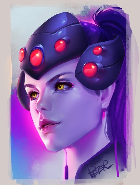 Anime picture 695x918 with overwatch blizzard entertainment widowmaker (overwatch) superschool48 single long hair tall image signed yellow eyes looking away purple hair ponytail parted lips realistic lipstick portrait framed pink lipstick purple skin girl