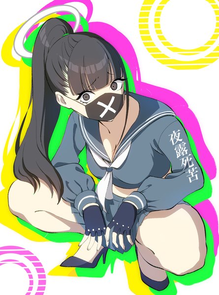 Anime picture 1606x2164 with blue archive sukeban (smg) (blue archive) bazz000033 single long hair tall image looking at viewer fringe black hair white background full body ponytail blunt bangs black eyes high heels squat girl gloves uniform serafuku