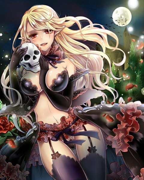 Anime picture 800x1000 with original kurosawa itsuki single long hair tall image breasts light erotic blonde hair red eyes large breasts pointy ears night girl thighhighs dress gloves flower (flowers) black thighhighs petals black gloves