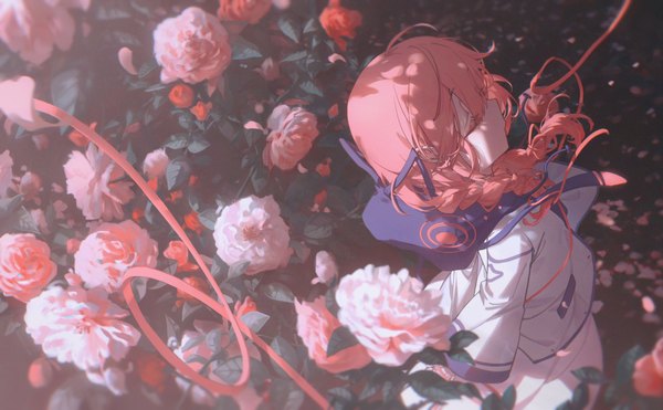 Anime picture 4993x3091 with virtual youtuber kamitsubaki studio virtual kaf kaf (kamitsubaki studio) konya karasue single long hair highres wide image standing pink hair absurdres ahoge outdoors braid (braids) eyes closed profile from above twin braids hands behind back