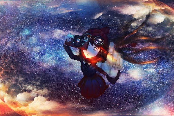 Anime picture 3000x2000 with original kenzo 093 single long hair looking at viewer fringe highres open mouth standing holding arm up night night sky reflection looking up goggles on head girl scarf goggles red scarf