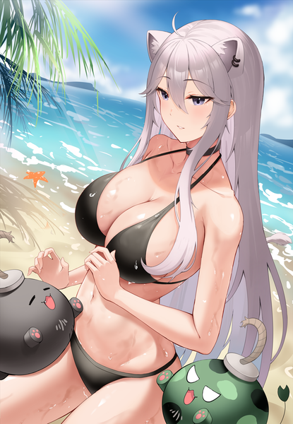 Anime picture 5057x7319 with virtual youtuber hololive shishiro botan ssrb (shishiro botan) roina single long hair tall image fringe highres breasts light erotic hair between eyes large breasts sitting animal ears looking away absurdres sky cleavage