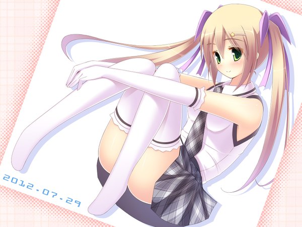 Anime picture 1600x1200 with original ichiroku single long hair blush light erotic blonde hair twintails green eyes girl thighhighs skirt gloves bow hair bow miniskirt white thighhighs necktie elbow gloves
