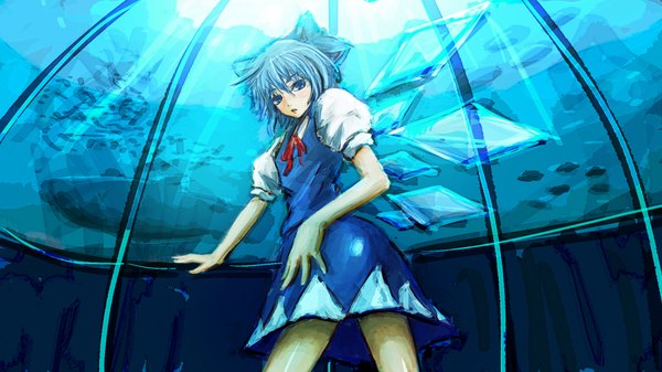 Anime picture 2134x1200 with touhou cirno same (pixiv) highres short hair wide image blue hair girl ribbon (ribbons) wings