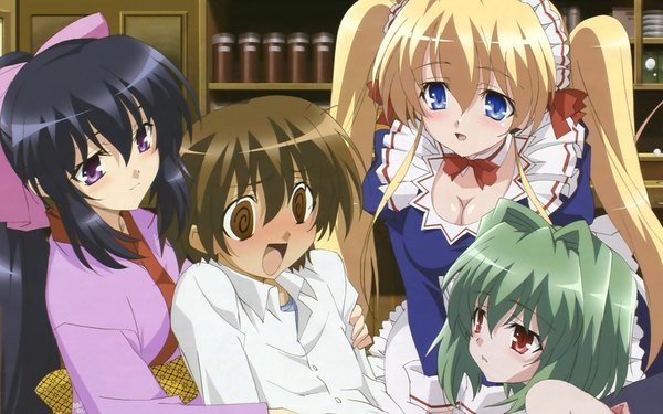 Anime picture 1920x1200 with omamori himari zexcs noihara himari shizuku (omamori himari) lizlett l chelsie amakawa yuuto long hair blush highres short hair open mouth blue eyes black hair blonde hair red eyes brown hair wide image purple eyes multiple girls brown eyes