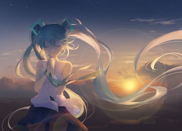 Anime picture 1967x1426 with vocaloid hatsune miku shangguan feiying single fringe highres hair between eyes standing twintails bare shoulders payot sky cloud (clouds) outdoors eyes closed very long hair pleated skirt wind aqua hair lens flare