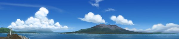 Anime picture 1800x400 with original yuraui wide image sky cloud (clouds) horizon mountain sea lighthouse