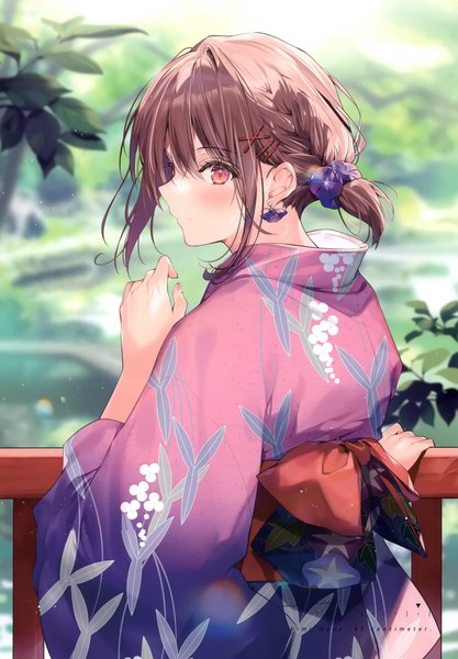 Anime-Bild 2406x3464 mit original necomi (gussan) single tall image looking at viewer blush fringe highres short hair smile hair between eyes red eyes brown hair standing payot outdoors braid (braids) traditional clothes japanese clothes profile