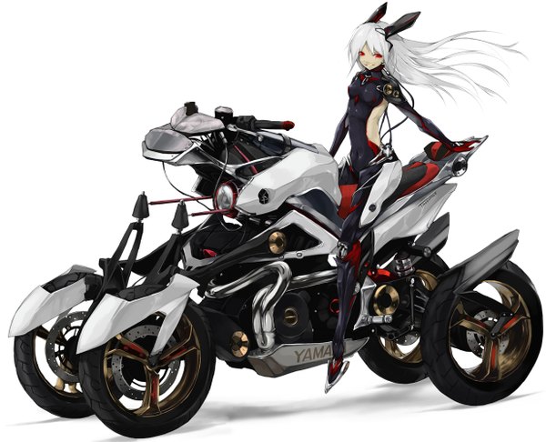 Anime picture 1233x1000 with original solru (tyappygain) single long hair looking at viewer simple background red eyes white background sitting white hair grin girl bodysuit motorcycle